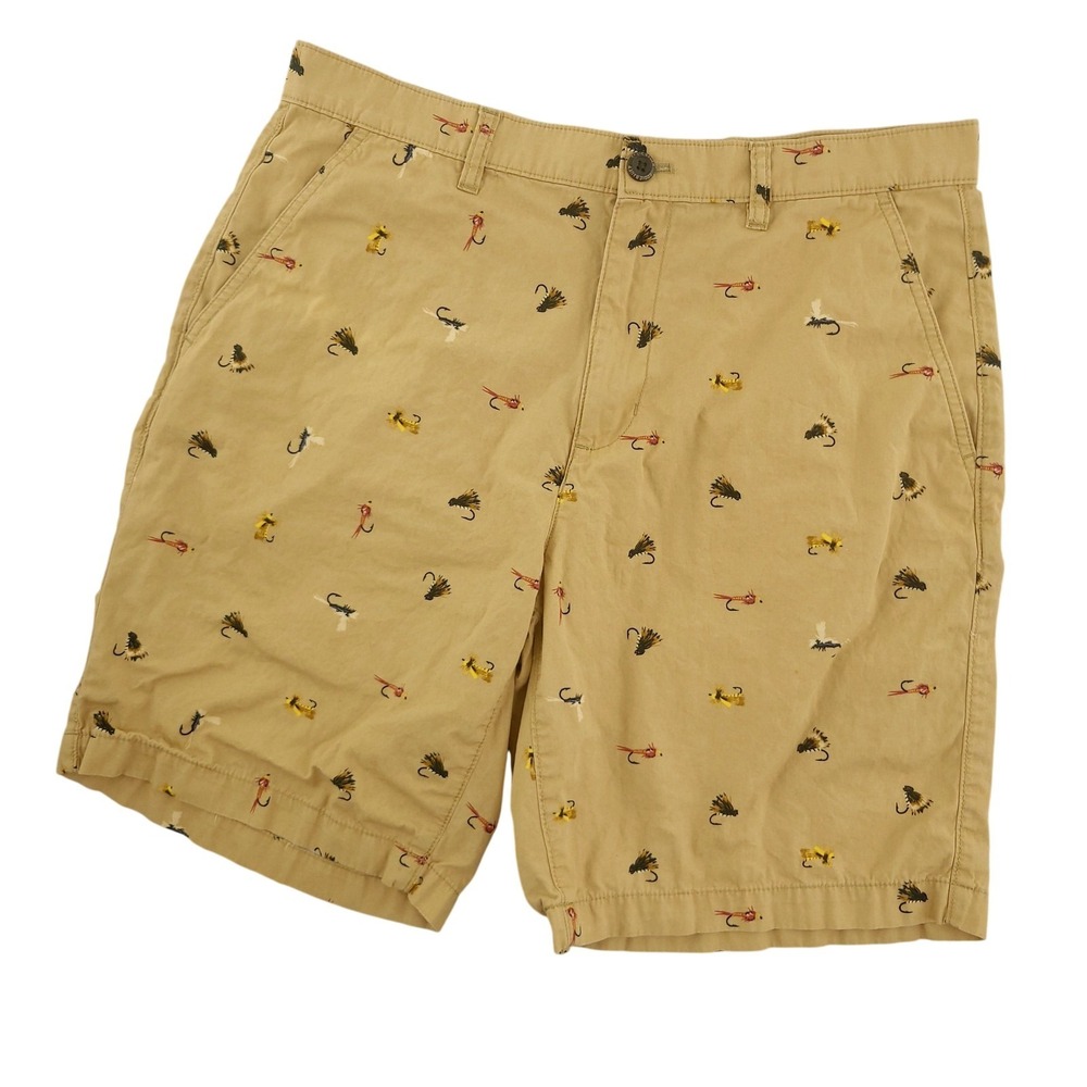 Eddie Bauer Shorts Mens 33 Beige FLY‎ Fishing Lure Print Chino 10" Inseam